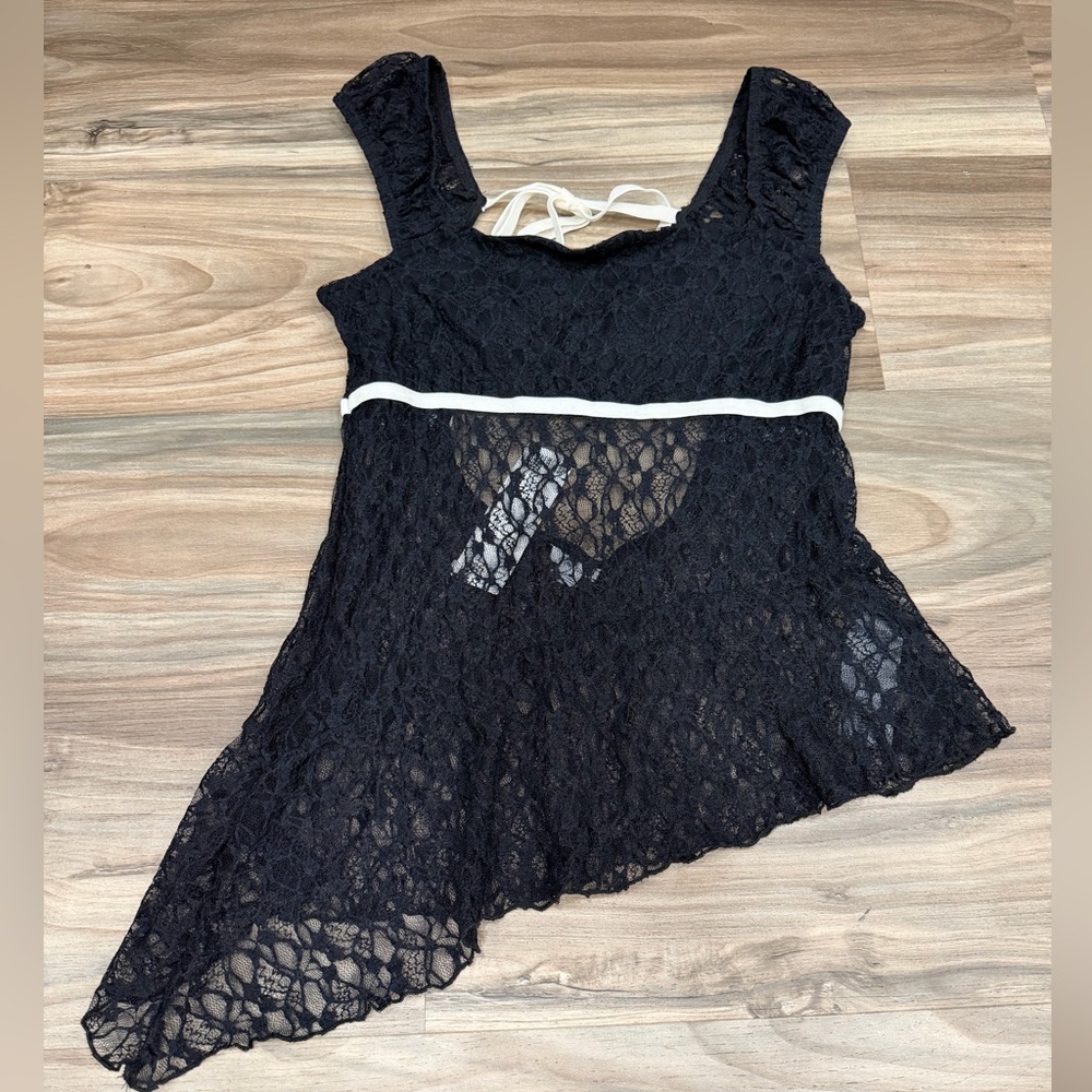 Urban Outfitters Black Lace Asymmetrical Tank Top with White Trim